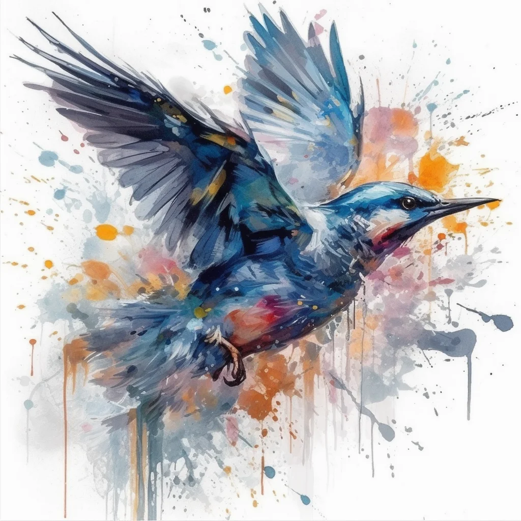 A painting of a colorful bird in flight.