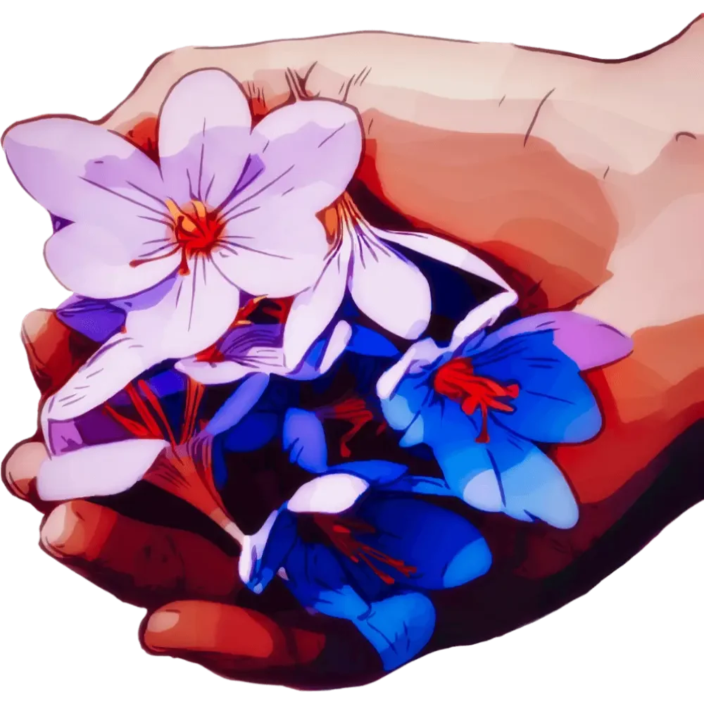 A painted hand holding out flowers.
